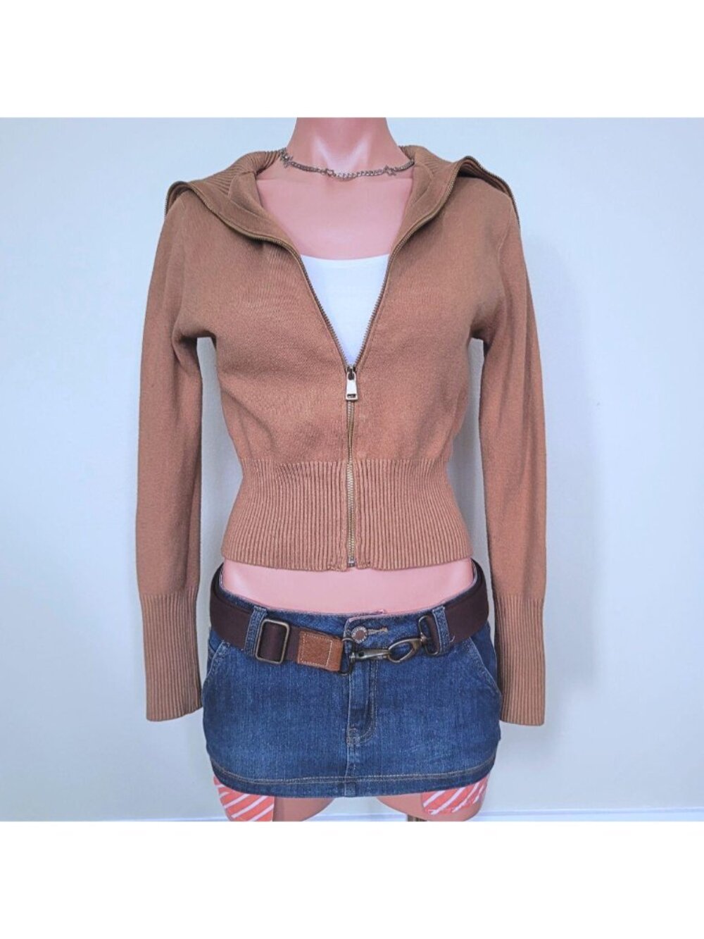 Zara Minimalist Beige Knit Turtle Neck Collar Zip Up Jacket (M)